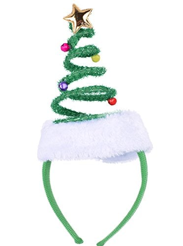 Book Cover ADJOY Springy Christmas Tree Headband with Bells Santa Headwear - One Size Fits Most
