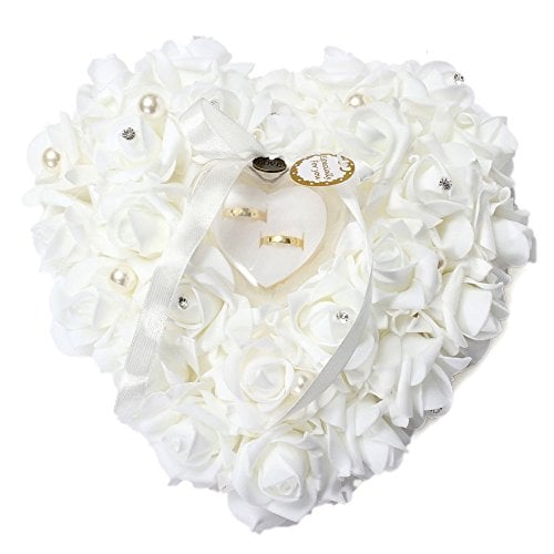 Book Cover Honeygifts Wedding Ring Pillow, White Ring Pillow Lace Crystal Rose Wedding Heart Ring Box Ring Holder