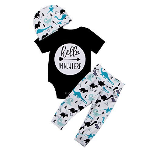 Book Cover Hello Im New Here Infant Baby Boy Dinosaur Outfit Romper Pant Hat Clothes Set (0-3 Months, Black+White)