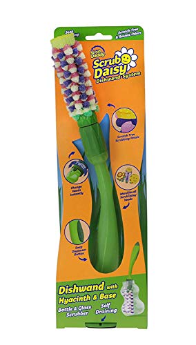 Book Cover Scrub Daddy - Scrub Daisy 3 Piece Hyacinth Bottle & Glass Scrubber Head Combo -Soap Dispensing Dishwand, Non-toxic Sponge Head & Self Draining Base | Deep Cleaning, Scratch Free, Multisurface- 1ct