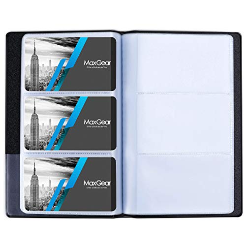Book Cover MaxGear Leather Business Card Holder Genuine Leather Stainless Steel Business Card Case Professional Name Card Holder Slim Metal Business Cards Organizer with Magnetic Shut Black