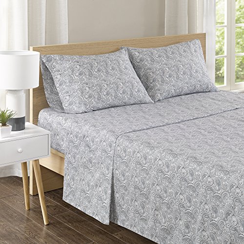 Book Cover Comfort Spaces 100% Cotton Percale 4 Piece Set Ultra Soft Breathable Deep Pocket Printed Paisley Pattern Sheets with Pillow Cases Bedding, King, Grey,CS20-0556