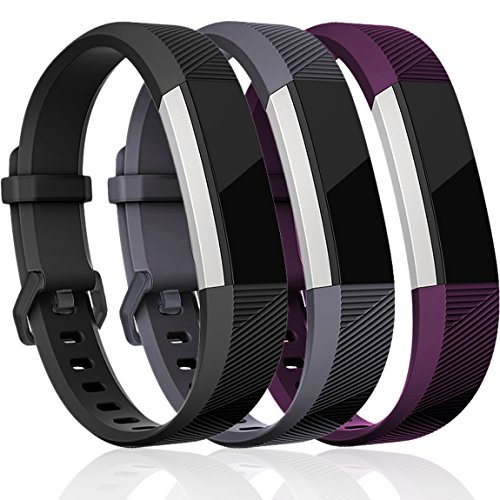 Book Cover Maledan Replacement Bands Compatible for Fitbit Alta, Alta HR and Fitbit Ace, Classic Accessories Band Sport Strap for Fitbit Alta HR, Fitbit Alta and Fitbit Ace, 3 Pack, Black/Gray/Plum, Small
