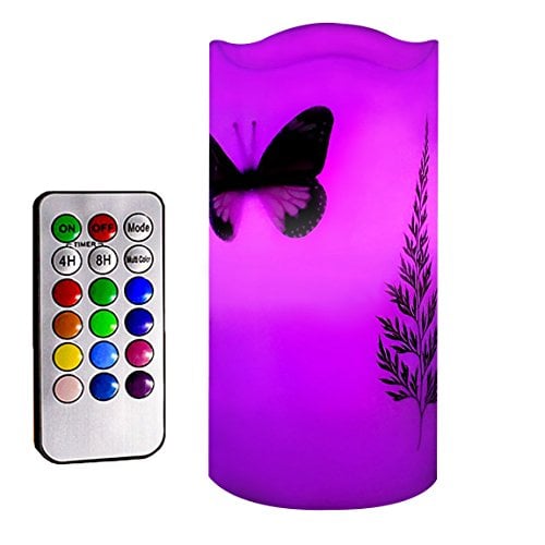 Book Cover Kelake Flameless LED Candles with 18-Key Remote Timer 6'' Tealight Butterfly & Plants Decor Real Wax Electric Candle Lights 12 Color Changing for Kitchen/Home Indoor/Outdoor Party