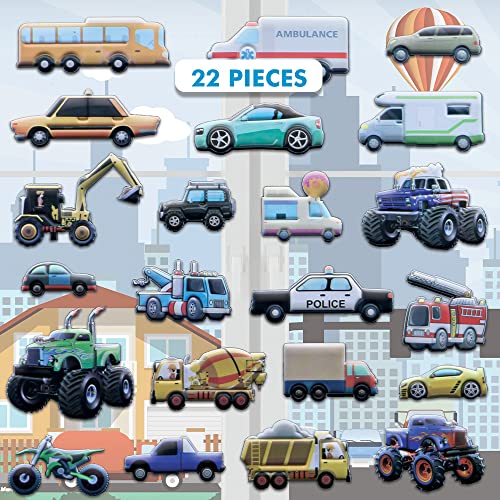 Book Cover Cars and Trucks Window Clings for Kids & Toddlers (by Jesplay USA - Reusable Window Stickers Gels & Decals) Puffy Sticker Activites for Car Plane Home - Police, Race Cars, Monster, Tow, Fire Truck