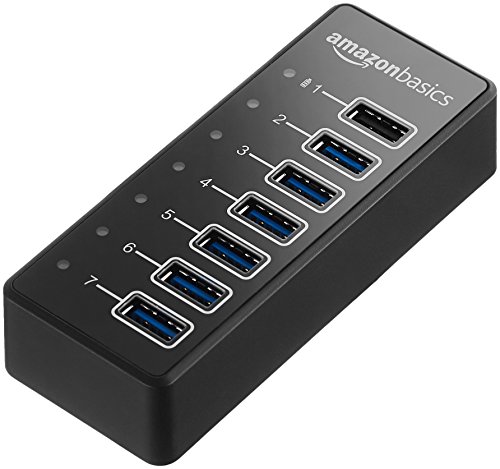 Book Cover Amazon Basics USB-A 3.1 7-Port Hub with Power Adapter - 36W Powered (12V/3A), Black