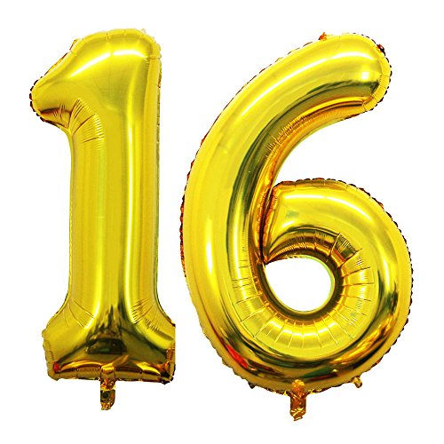 Book Cover GOER 42 Inch Gold 16 Number Balloons for 16th Birthday Party Decorations,Jumbo Foil Helium Balloons for Sweet 16 Party,16th Anniversary