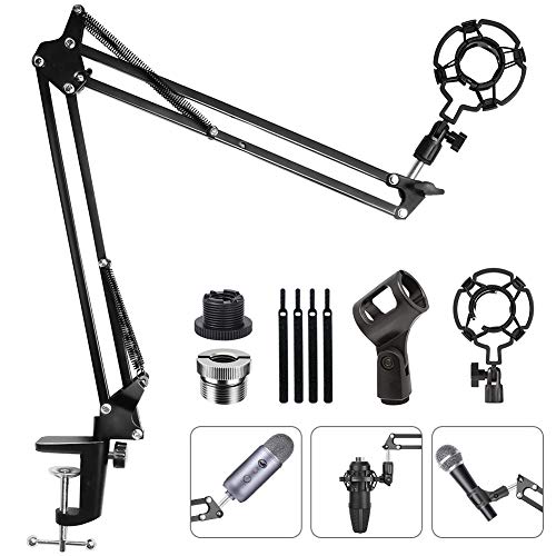 Book Cover Upgraded Adjustable Microphone Suspension Boom Scissor Arm Stand with Shockproof Mic Clip Holder 3/8'' to 5/8'' Screw Adapter -for Blue Yeti, Snowball & Other Microphones (stand with adapter)