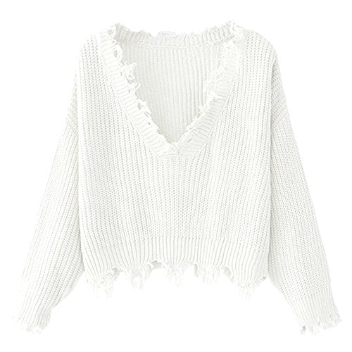 Book Cover ZAFUL Women's Loose Long Sleeve V-Neck Ripped Pullover Knit Sweater Crop Top