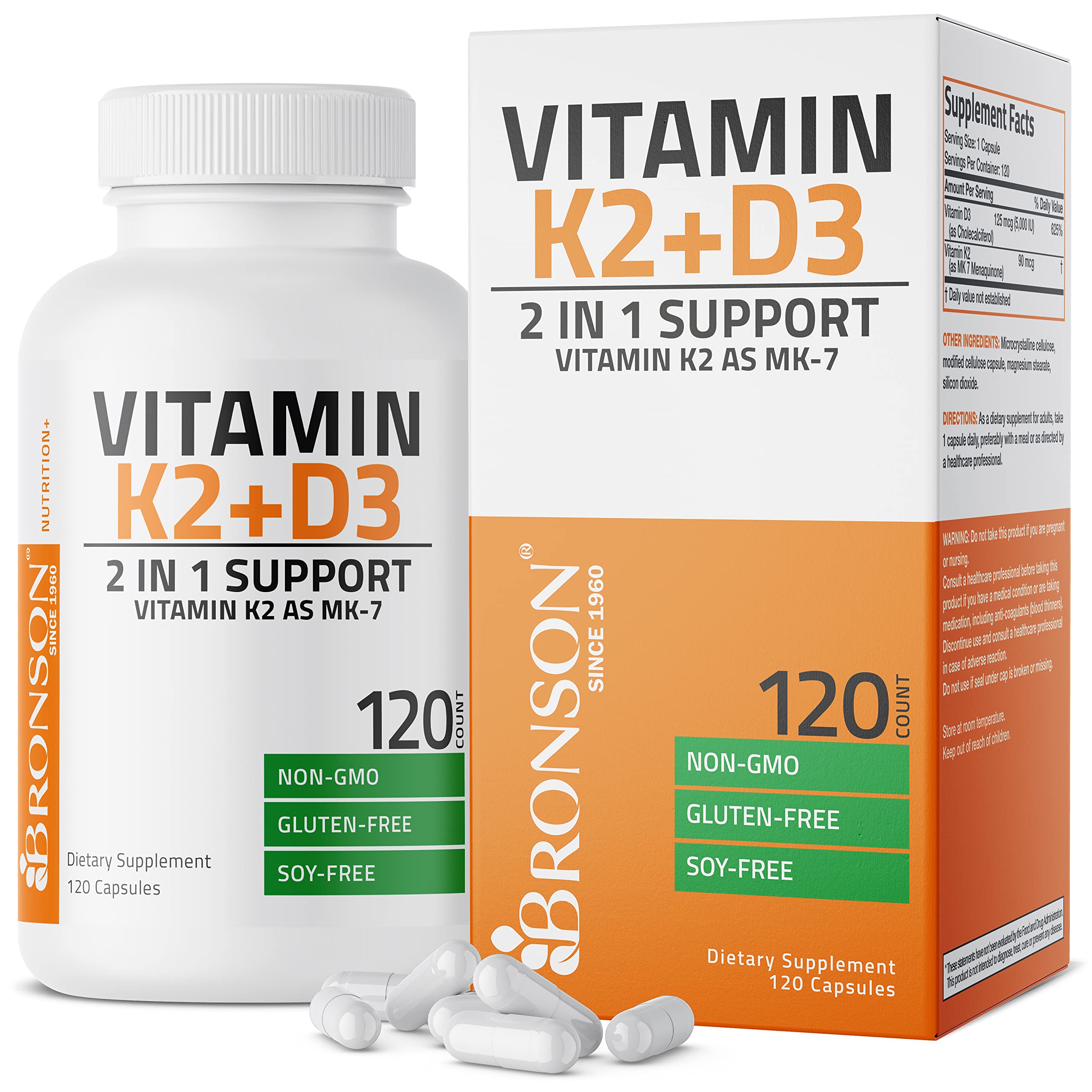 Book Cover Bronson Vitamin K2 (MK7) with D3 Supplement Non-GMO Formula 5000 IU Vitamin D3 & 90 mcg Vitamin K2 MK-7 Easy to Swallow Vitamin D & K Complex, 120 Capsules 120 Count (Pack of 1)