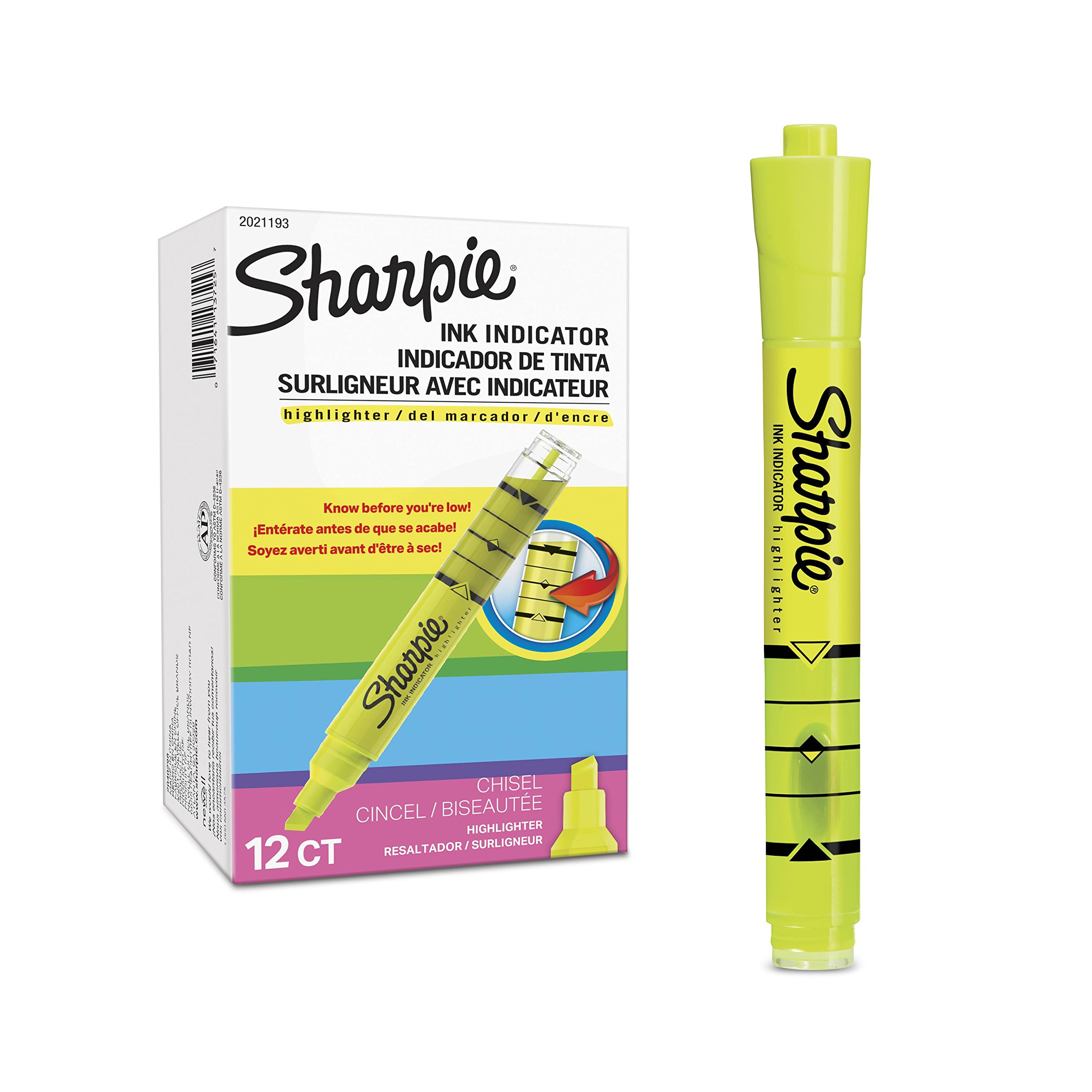 Book Cover Sharpie Ink Indicator Tank Highlighters, Chisel Tip, Fluorescent Yellow, 12 Count (2021193)