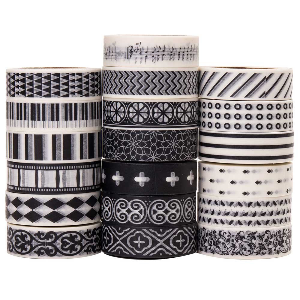 Book Cover Savena Washi Tape Set for DIY Gift Wrapping Scrapbooking and Craft, Sticky Adhesive Paper Masking Tape with Lovely Printed Patterns and Long-Lasting Colors (19 Rolls, Monochrome, 0.6in x 32.8ft)