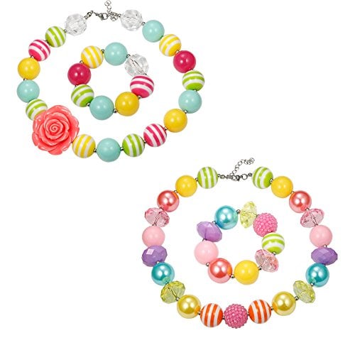Book Cover FINREZIO 2 Pairs Cute Chunky Bubblegum Necklace and Bracelet set for Girls (Style A: 2 Pairs for Your Princess)