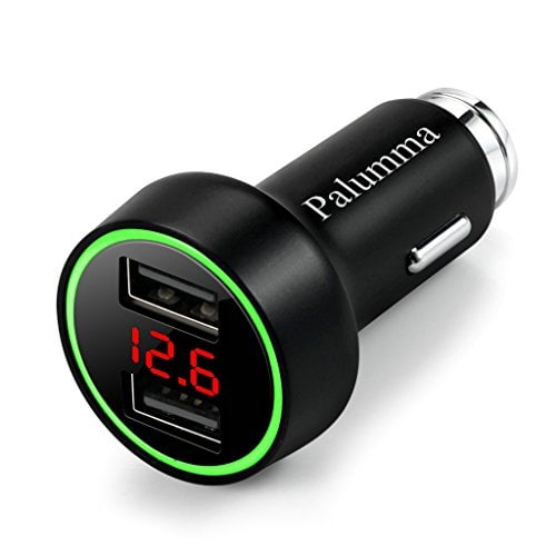 Book Cover Palumma 24W/4.8A Dual USB Car Charger, 12V to USB Outlet with Cigarette Lighter Voltage Meter LED/LCD Display Battery Low Voltage Warning (Black)