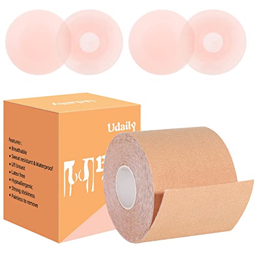 Book Cover Udaily Boob Tape Boobytape, 2.95 Inches Extra Wide Bob Tape for Large Breasts, Kinesiology Tape Breathable Athletic Tape with 4 Pcs Reusable Breast Petals for A-E Cup