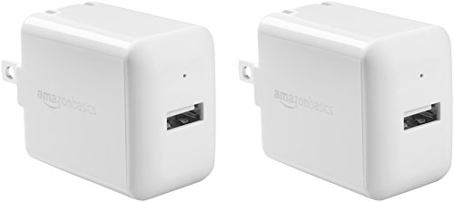 Book Cover Amazon Basics 12W One Port USB-A Wall Charger (2.4 Amp) for Phones (iPhone 13/12/11/X, Samsung, and more), Pack of 2, White