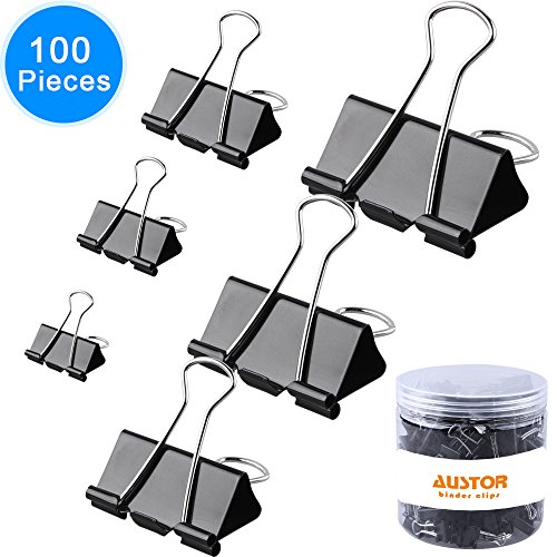 Book Cover AUSTOR 100 Pcs Binder Clips Paper Clamp Clips Assorted 6 Sizes, Black