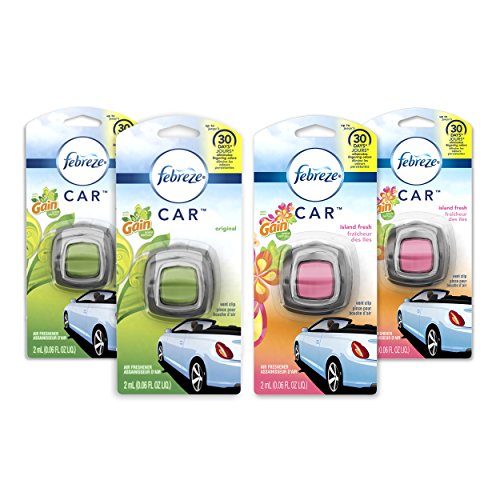 Book Cover Febreze Car Air Freshener, 2 Gain Original and 2 Gain Island Fresh Scents, Odor Eliminator for Strong Odors (4 Count)