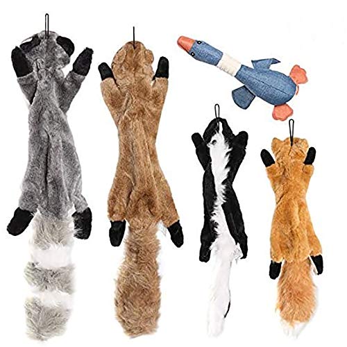 Book Cover Plush Animal Dog Toy Set, Value Pack 5 Squirrel Squeaky Toys Unstuffed Chew Toys with Storage Bag