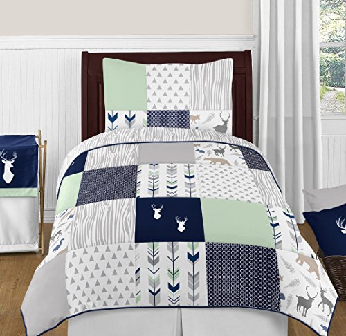 Book Cover Sweet Jojo Designs Navy Blue, Mint and Grey Woodsy Deer Boys 4 Piece Kids Childrens Twin Bedding Set