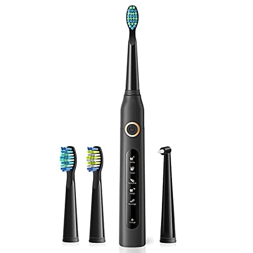 Book Cover 5 Modes Electric Toothbrush Rechargeable Sonic Toothbrush for Kids and Adults, Teeth Whitening USB Toothbrush Up to 30 Days Battery Life, Travel Electric Toothbrush in Black, Soft Bristle by Gloridea