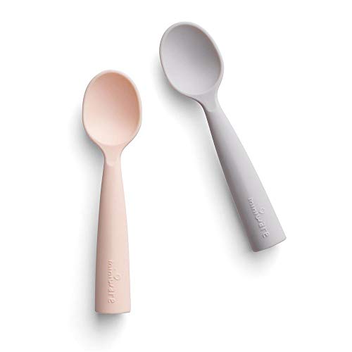 Book Cover Miniware Teething Spoon Cutlery Set with Case for Baby Toddler Kids - Promotes Self Feeding | 100% Food Grade Silicone | BPA Free | Modern & Durable Design | Dishwasher Safe (Grey and Peach)