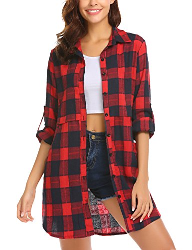 Book Cover HOTOUCH Womens Flannel Plaid Shirts Roll Up Long Sleeve Pockets Mid-Long Casual Boyfriend Shirts