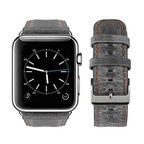 Book Cover top4cus Compatible with 42mm/44mm Genuine Leather Band iwatch Strap Apple Watch Series 6 Series SE Series 5 Series 4 Series 3/2/1 and Sport Edition, Stainless Metal Clasp (42mm, Retro Grey)