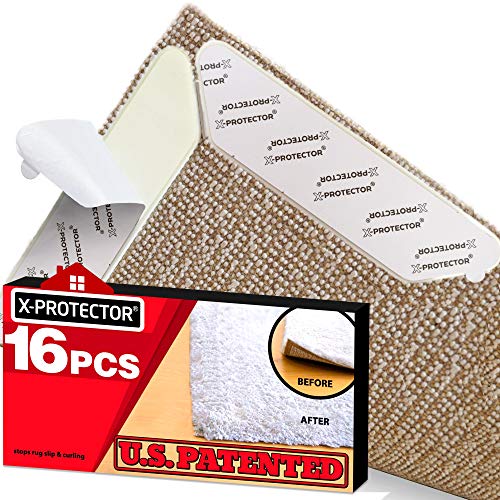 Book Cover Rug Grippers X-PROTECTOR – Best 16 pcs Anti Curling Rug Gripper. Keeps Your Rug in Place & Makes Corners Flat. Premium Carpet Gripper with Renewable Carpet Tape – Ideal Non Slip Rug Pad for Your Rug!