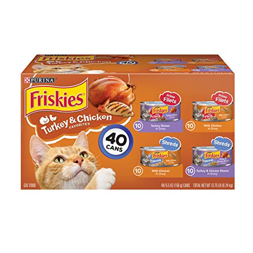 Book Cover Purina Friskies Gravy Wet Cat Food Variety Pack, Prime Filets & Shreds Turkey & Chicken Favorites - (40) 5.5 oz. Cans