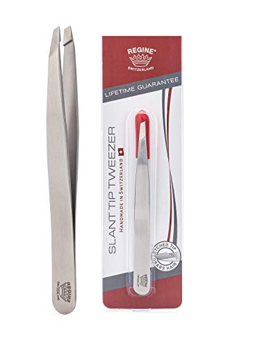 Book Cover Regine Switzerland Slant Tweezer - Handmade in Switzerland - Professional Eyebrow, Facial & Hair Remover - Etched Interior Tip to Grab Hair From the Root - Perfectly Aligned Tips - Stainless Steel