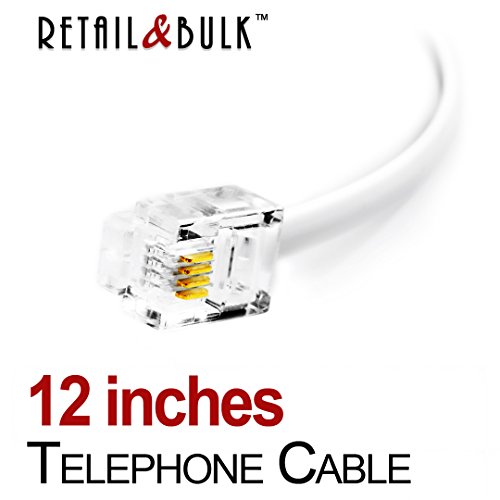 Book Cover 12 Inch Premium Quality Telephone Cable, RJ11 Male to Male 6P4C Phone Line Cord. Made in USA by Retail&Bulk (White)
