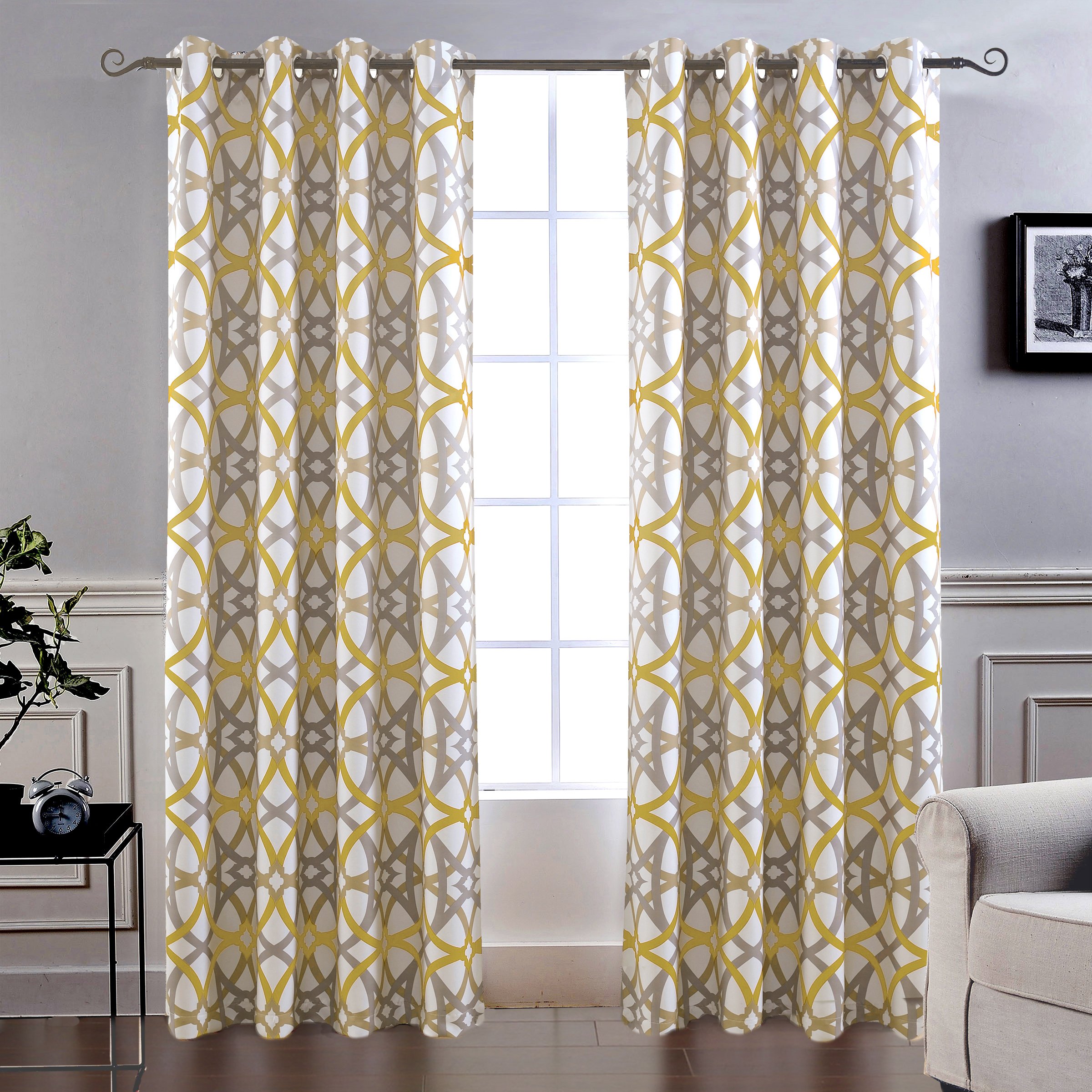 Book Cover DriftAway Alexander Thermal Blackout Grommet Unlined Window Curtains Spiral Geo Trellis Pattern Set of 2 Panels Each Size 52 Inch by 84 Inch Golden Yellow and Gray Golden Yellow/Gray 52