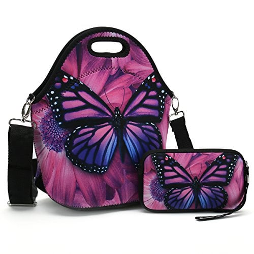 Book Cover Insulated Neoprene Lunch Bag-Removable Shoulder Strap-X Large Size Reusable Thermal Thick Lunch Tote/Lunch Box/Cooler Bag With Wallet Pouch Fr Adults,Kids,Women,Men Teens,Girls,Baby (Purple Butterfly)