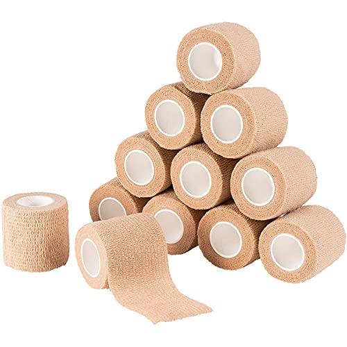 Book Cover Self Adhesive Bandage Wrap, Cohesive Tape (Tan, 2 In x 5 Yards, 12-Pack)