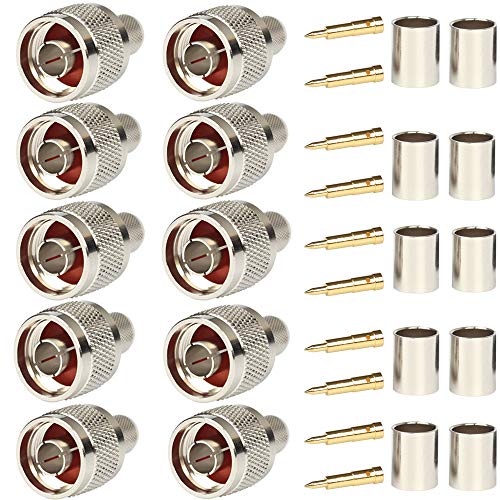 Book Cover Pack of 10 N Male Plug Crimp Coaxial Connector 50 ohm for LMR400 Belden 9913 RG8 Nickel Machined Brass Construction (10 Piece N Male for lmr400)
