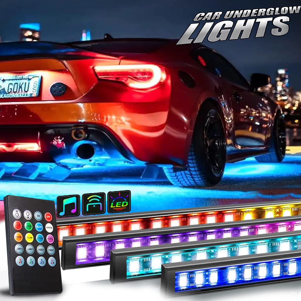 Book Cover RGB Car Underglow Lights, Underbody Neon Accent Underglow Car LED Light Strip with Wireless Remote, Sync to Music, Ultra Long Led Neon Accent Under Glow Kit for Cars, SUVs, Trucks, DC 12V 4Pcs Underglow Light Strip