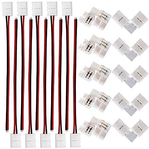 Book Cover FSJEE 8mm 3528/2835 LED Strip Light Connectors Kits with 10PCS L Shape 2 Pin Right Angle Corner Solderless Connector and 10PCS 2 Pin 8mm Wide LED Solderless Connect Wire for 2835 Single Color Strips