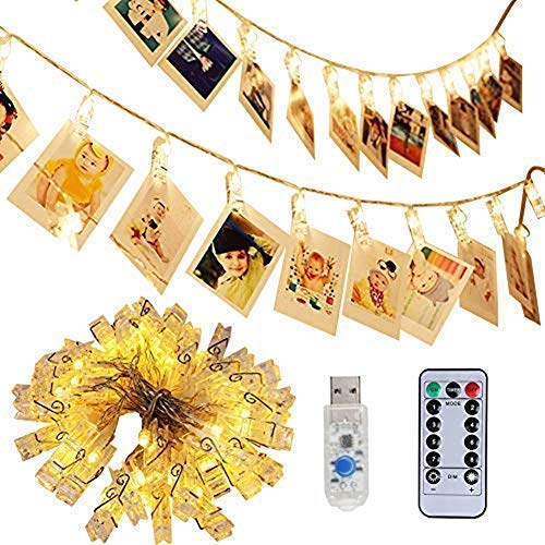 Book Cover 40 LED Photo Clip Lights - Adecorty 8 Modes USB Powered Photo Clips String Lights with Remote & Timer, Gifts for Teen Girls Bedroom Decor Christmas Presents (16.4ft, Warm White)