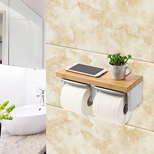Book Cover MEIBEI Toilet Paper Holder with Shelf, Double Toilet Roll Holder, Wall Mount Roll Paper Hanger with Mobile Phone Storage