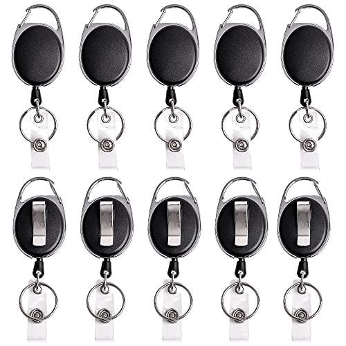 Book Cover Retractable Badge Reel with Carabiner Belt Clip and Key Ring for ID Card Key Keychain Badge Holder Black 10 Pack by NATUREBELLE