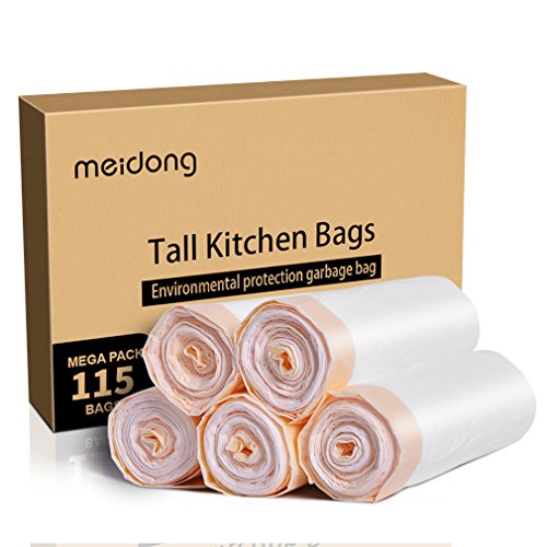 Book Cover meidong Trash Bags, Garbage Bags 13 Gallon Large Tall Kitchen Drawstring Strong Bags For Trash Can Garbage Bin, 5 Rolls/115 Counts