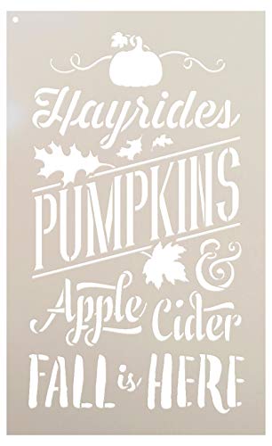 Book Cover Fall is Here Stencil by StudioR12 | Hayrides | Pumpkins | Apple Cider | Leaves | DIY Autumn Farmhouse Home Decor | Craft & Paint Rustic Wood Signs | Reusable Mylar Template | Select Size (9