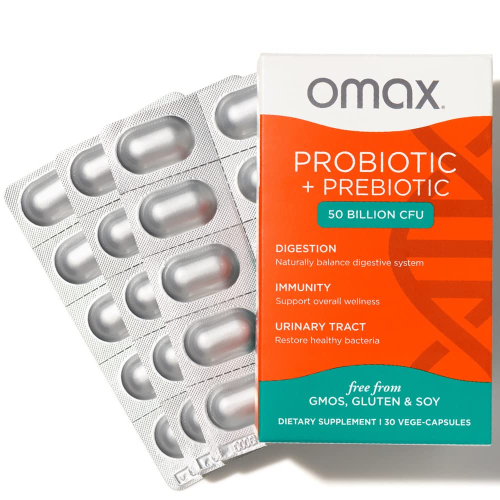 Book Cover Omax Prebiotic & Probiotic 50 Billion CFU + Chicory Inulin, 10 Strains, Reduce Bloating, Digestion, SIBO, Leaky Gut, Vaginal pH, Acidophilus, Vegan, Dairy Free, Gluten Free, Blister Packaged