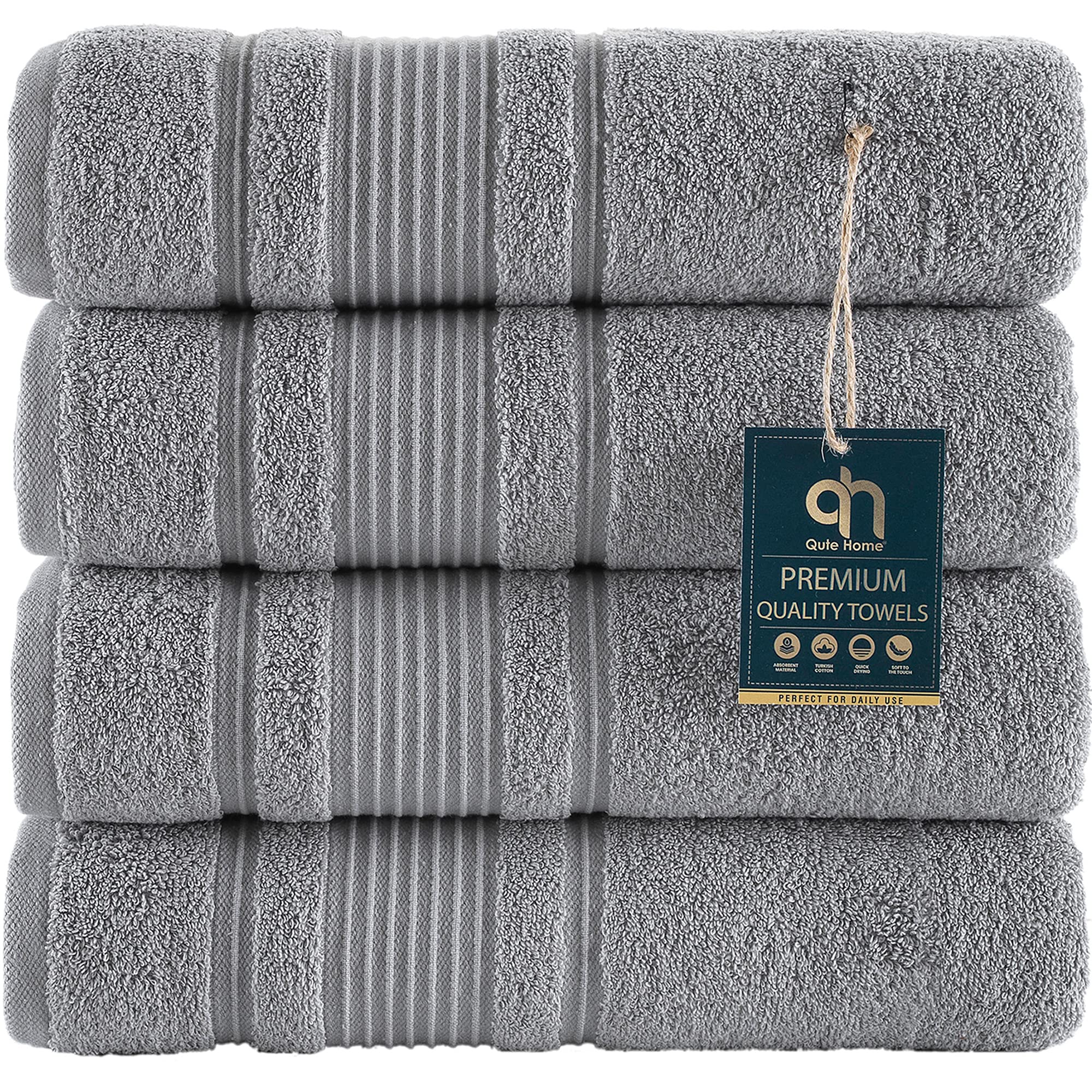 Book Cover Qute Home 4-Piece Bath Towels Set, 100% Turkish Cotton Premium Quality Towels for Bathroom, Quick Dry Soft and Absorbent Turkish Towel, Set Includes 4 Bath Towels (Grey) 4 Pieces Bath Towels Grey