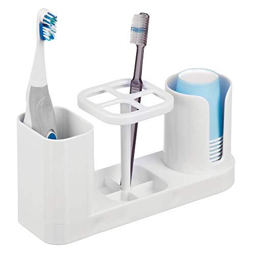 Book Cover mDesign Bathroom Vanity Countertop Dental Storage Organizer Toothbrushes and Toothpaste Center with Disposable Paper Dixie Rinse Cup Dispenser Holder - White