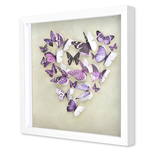 Book Cover Green Frog 3D Purple Butterfly Shadow Box Art 14” x 14” x 1” Quality Plastic Frame, Plexiglass, Paper Cut Out Butterflies Girls/Kids Bedroom Wall Art