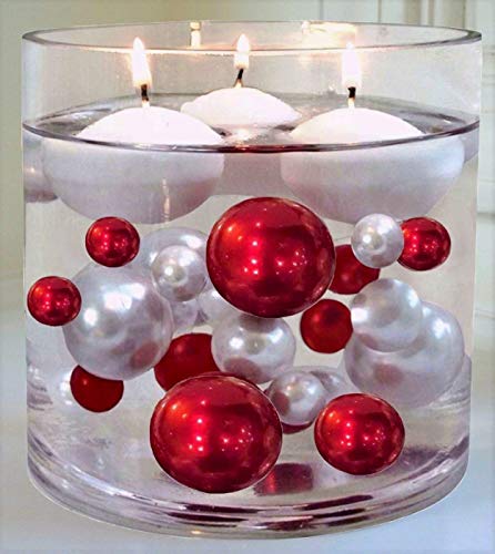 Book Cover 120 'Floating' Red & White Pearls with Matching Gems - No Hole Jumbo/Assorted Sizes Vase Decorations & Table Scatters + Includes Transparent Water Gels Packets for Floating The Pearls