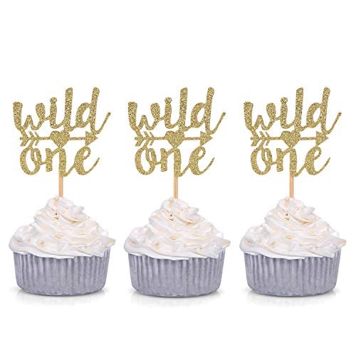 Book Cover Set of 24 Gold Glitter Wild One Cupcake Toppers Baby's First Birthday Decors - by Giuffi