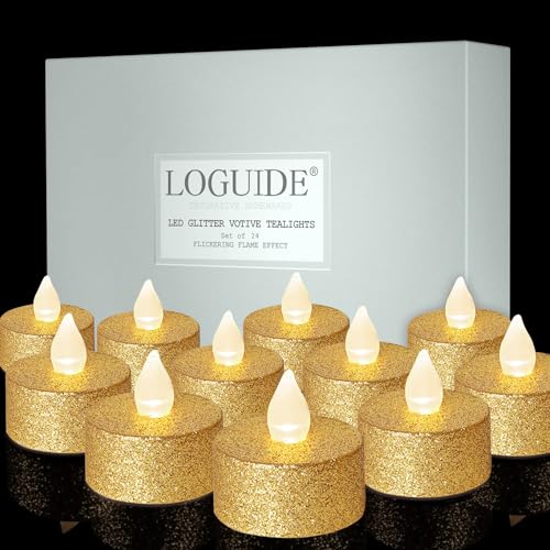 Book Cover LOGUIDE Battery Operated LED Tea Lights,24 Pack Gold Flameless Votive Tealights Candle with Warm White Flickering light, Small Electric Fake Tea Candle Realistic for Wedding,Table,Festival Celebration